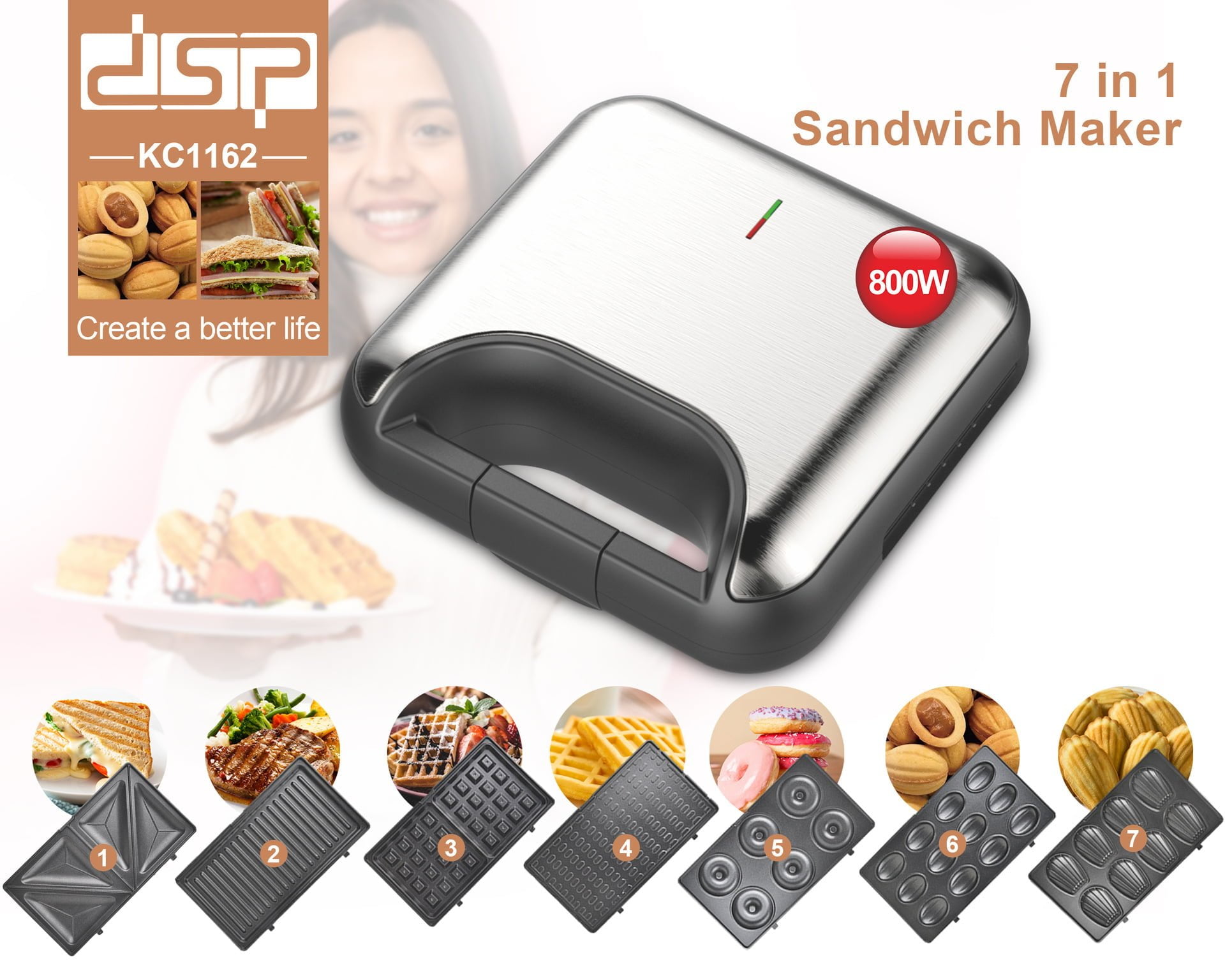 DSP KC1162 -7in1 Sandwich Maker Removable plates donut maker waffle maker »   - Online Shopping Qatar