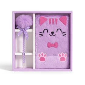 Purple Furry Cat Notebook Set with Pom Pom Pen 2 دفتر فرو Furry Cat Notebook